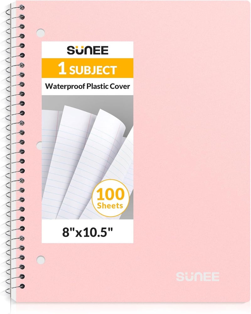 SUNEE Spiral Notebook, 1-Subject, College Ruled Paper, 8" x 10-1/2", 100 Sheets per Notebook, 3-Hole Punched Paper, Water Resistant Cover, Double-sided Pockets, Spiral Lined Notebooks for Work, Pink - Image 1